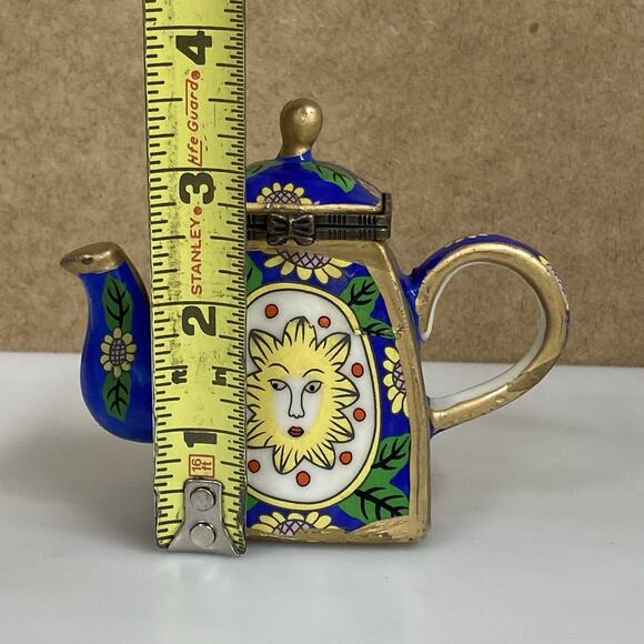 Vtg Sunflower Face Teapot Trinket Box Porcelain Sun Bright Whimsical - Picture 9 of 11